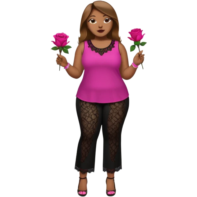 A plus-size Black woman with long, straight, light brown hair is wearing a fuchsia sleeveless shirt and black lace pants. She is standing with fuchsia-painted nails and is holding a rose. emoji