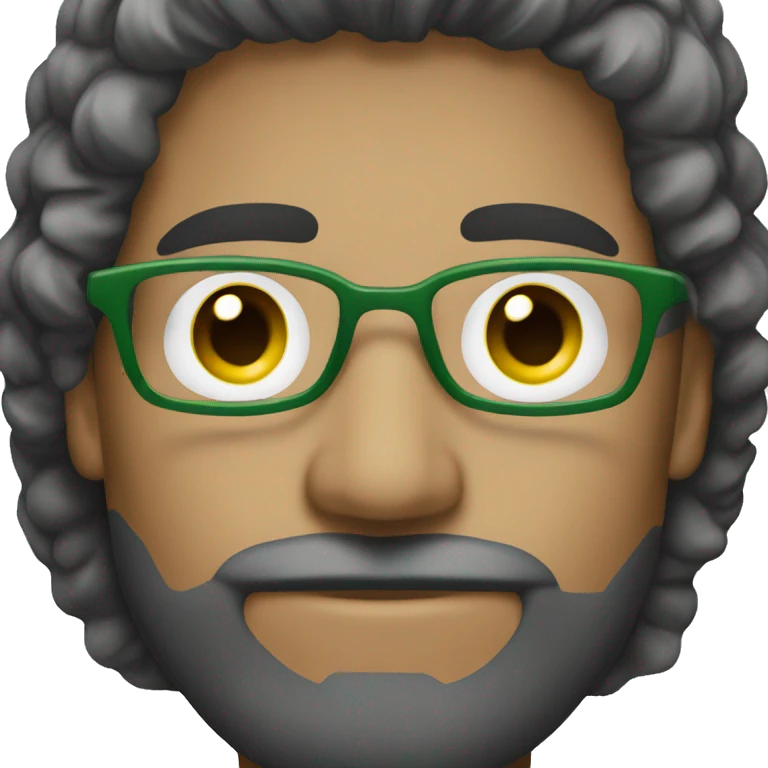 homem branco, olhos verdes, cabelo grisalho e barba, usa óculos emoji