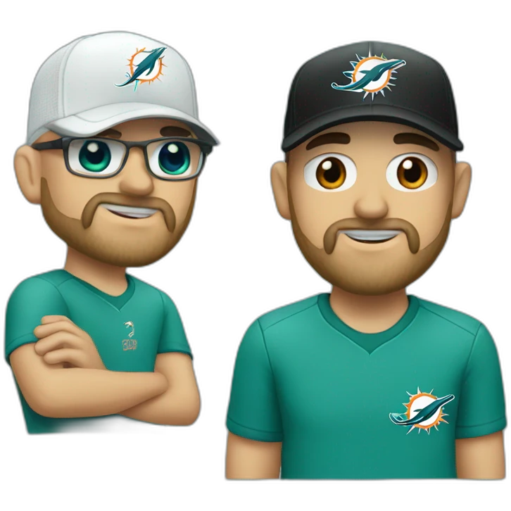 white bald and bearded man wearing a black cap and a headset with a miami dolphins t-shirts emoji