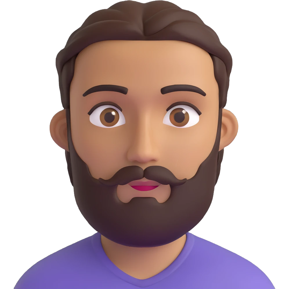 3d male character with olive complexion, brown eyes, medium beard, and connected eyebrows emoji