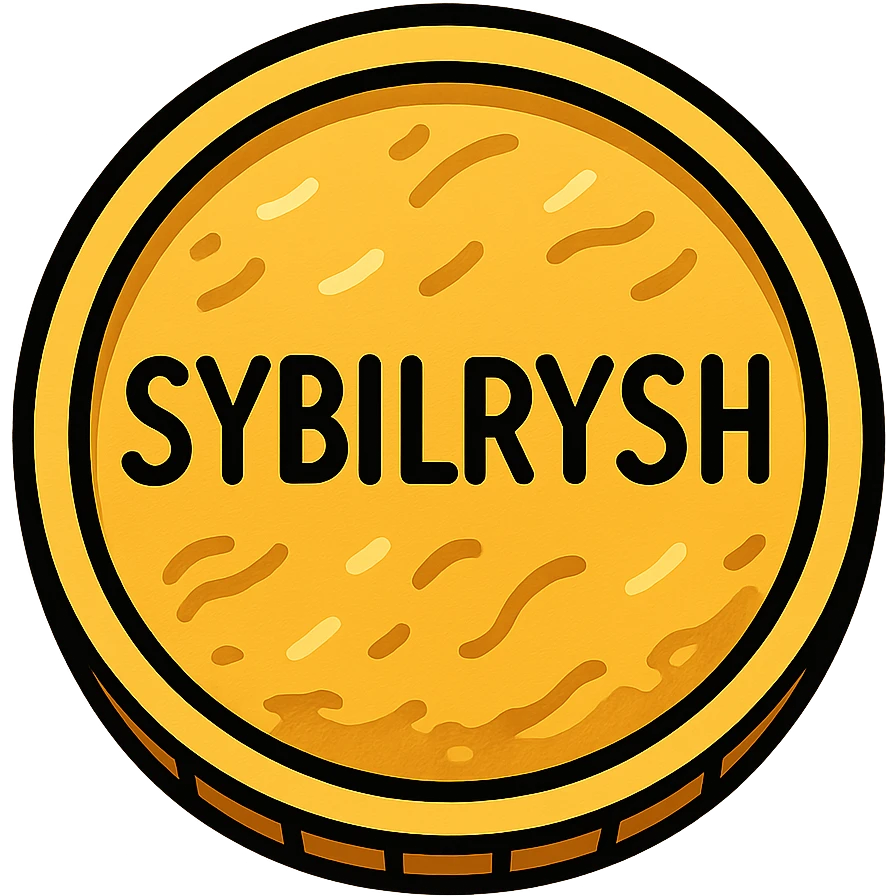 A richly textured gold coin with the text "SYBILRYSH" inscribed in the center. The coin has a raised rim, detailed gold texture with highlights and shadows to show the metallic surface. emoji