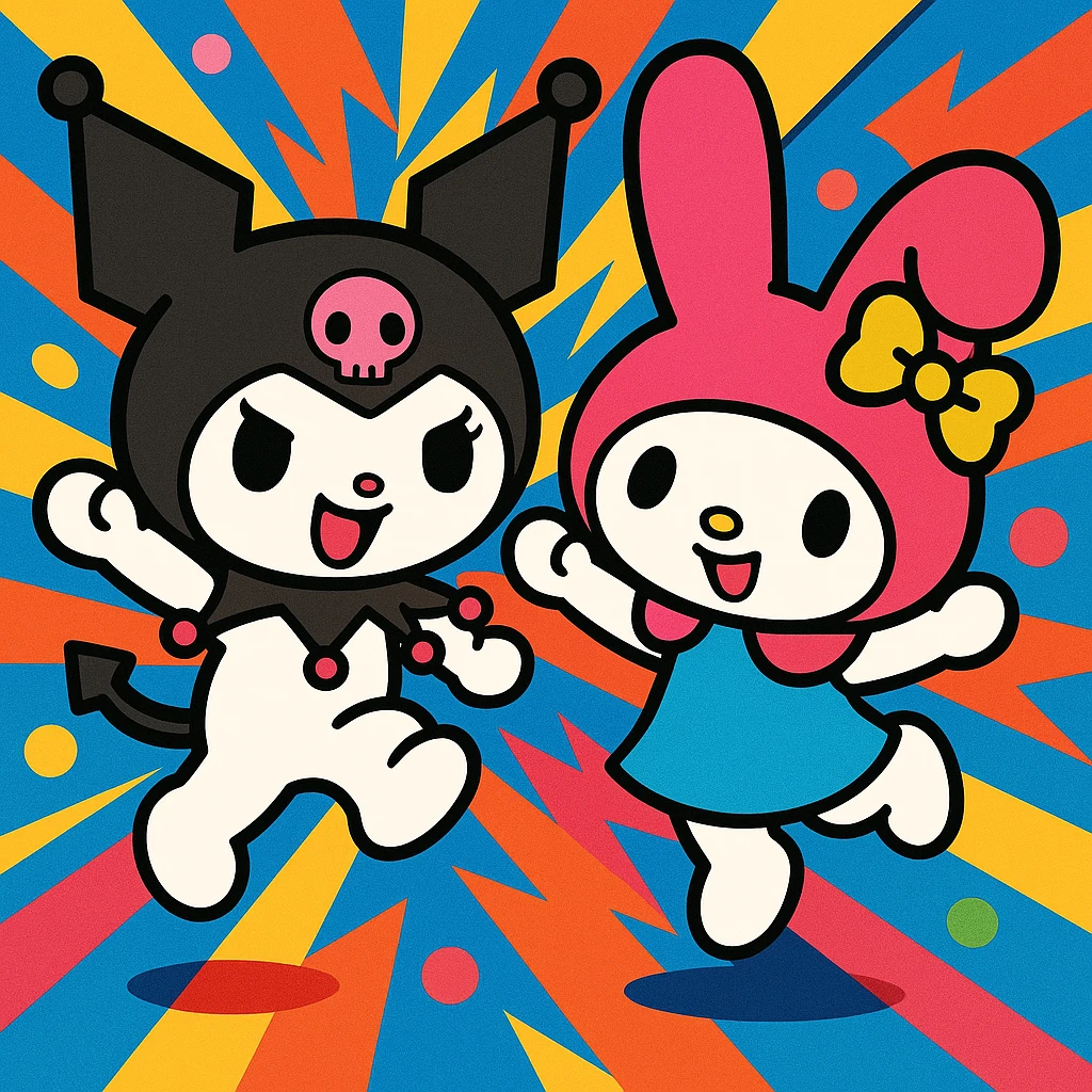 Kuromi and My Melody together, energetic pose, bold colors emoji