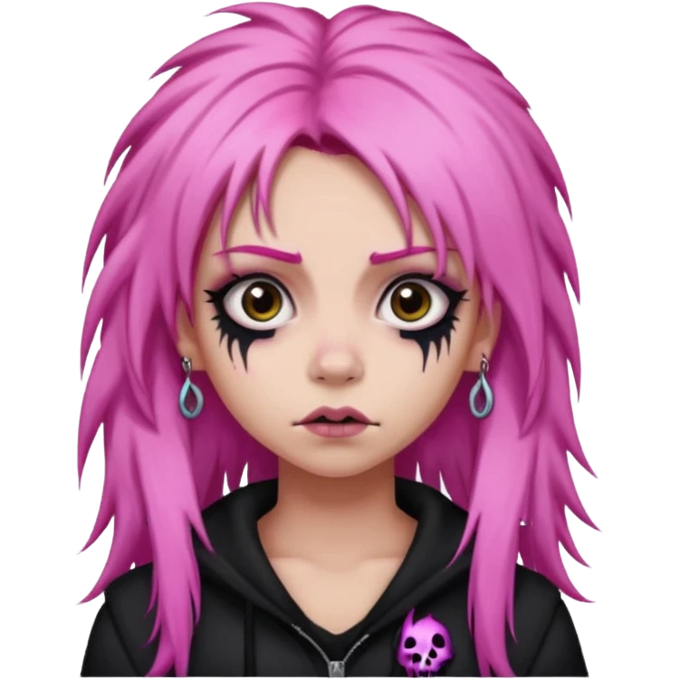 girl,lightsinvampire, pink hair, very longhair , shaggy, dark, spooky,double eyebrow dermal piercing, creepy expression emoji