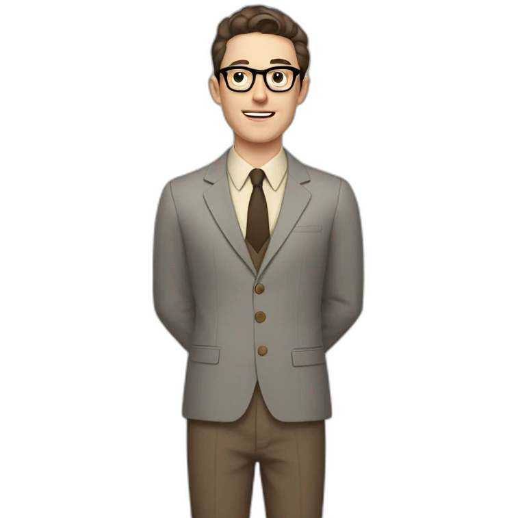 Full height Pale skinned Fit Man With dark brown hair in gray jacket, beige office shirt, tie, Brown pants and vintage glasses. Thrumbs of his palms directed up emoji