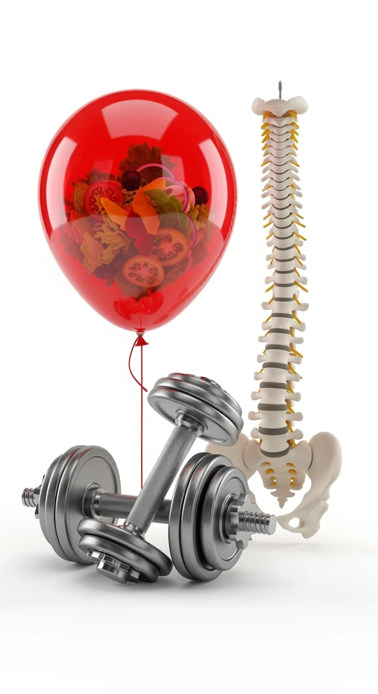 palloncino rosso con all'interno insalata, manubri da palestra e una spina dorsale anatomica realistica in 3d, isolato su sfondo bianco emoji