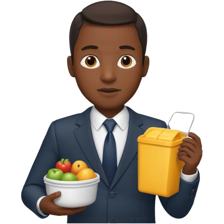 black man with suit holding food container emoji
