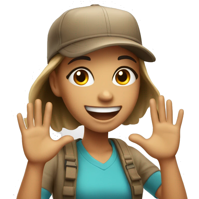 happy girl with cap and hands up and big smile emoji
