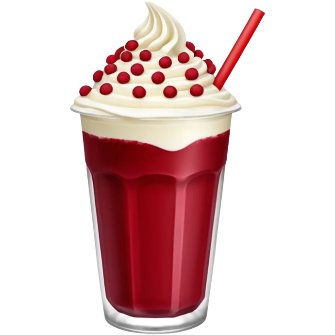 crea una bebida de red velvet con bolitas de yogurt como topping en vaso de plastico con popote emoji