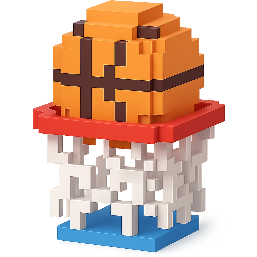 Voxel-style basketball in a net, variation 3 emoji
