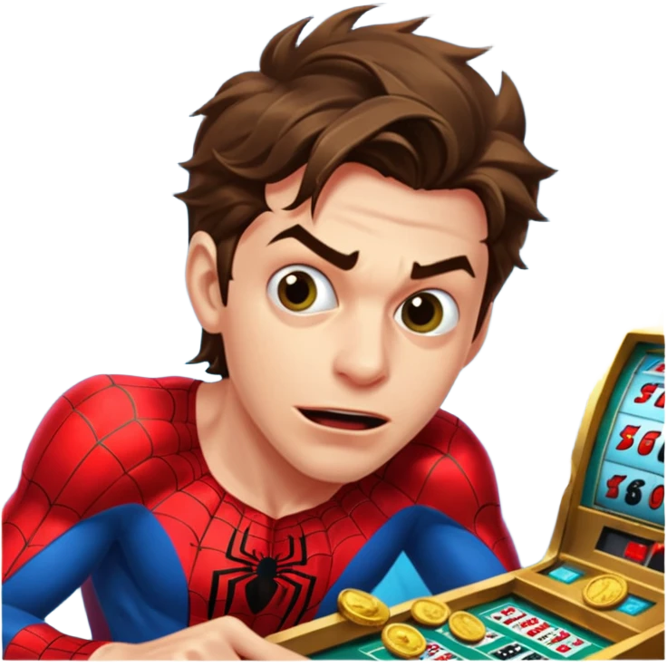 disheveled spiderman losing money at a slot machine, panicked face, coins flying emoji