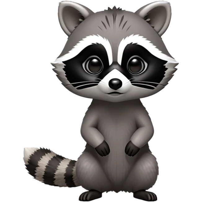 Cinematic-cute Raccoon-Realistic-hunched Full-Body on all fours-Emoji – Tail flicking lazily, head tilted dramatically, thick grey fur with a signature black mask, sharp and alert ears, simplified yet realistic focused features, highly detailed, glowing with an almost sarcastic glow big black eyes realistic body emoji