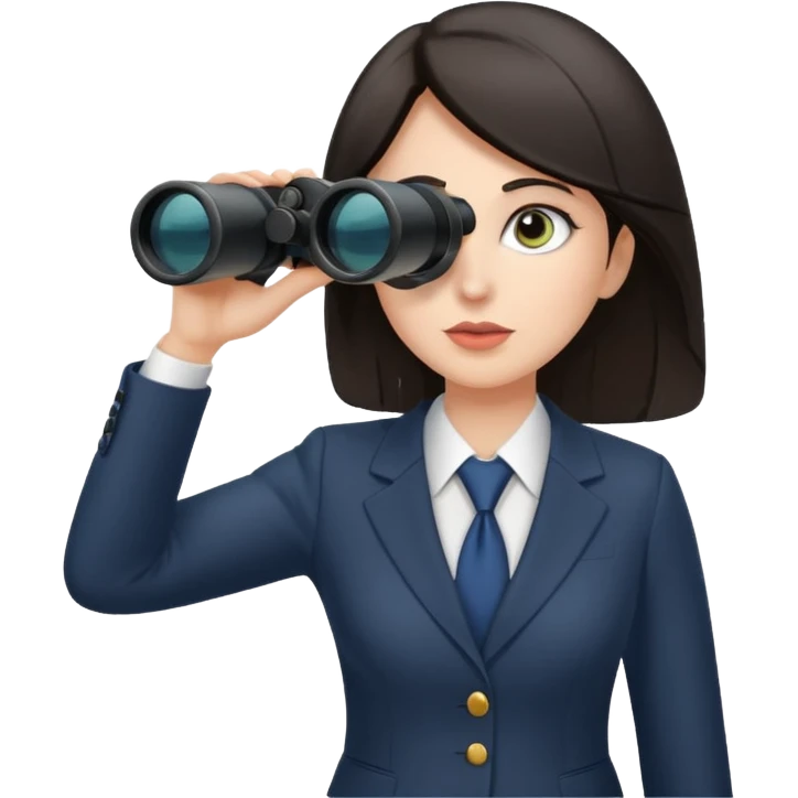a white woman with dark hair in a business attire looking into binoculars emoji