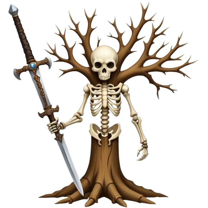 a tree made of bones with eyes holding a sword emoji