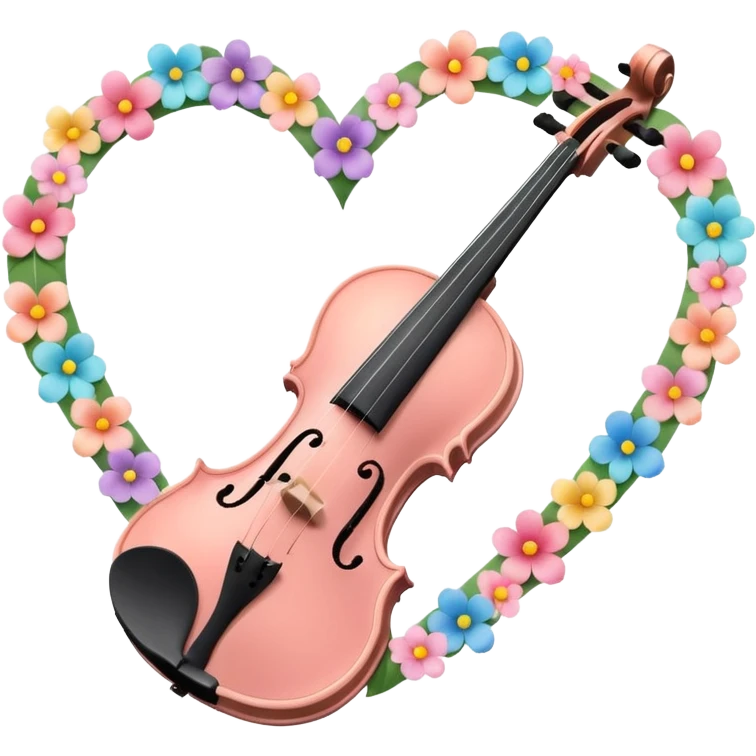 A romantic pastel violin with heart above, and some flower petals scattered around emoji