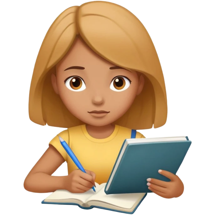 Young girl reading a notebook, focused expression, studying emoji