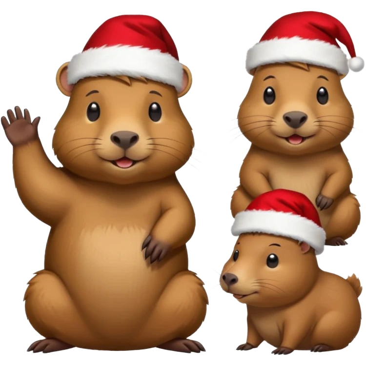 Capybara con gorrito de navidad con un montón de poses para paquete de sticker de WhatsApp que hablen peor ejemplo hola o algo asi emoji