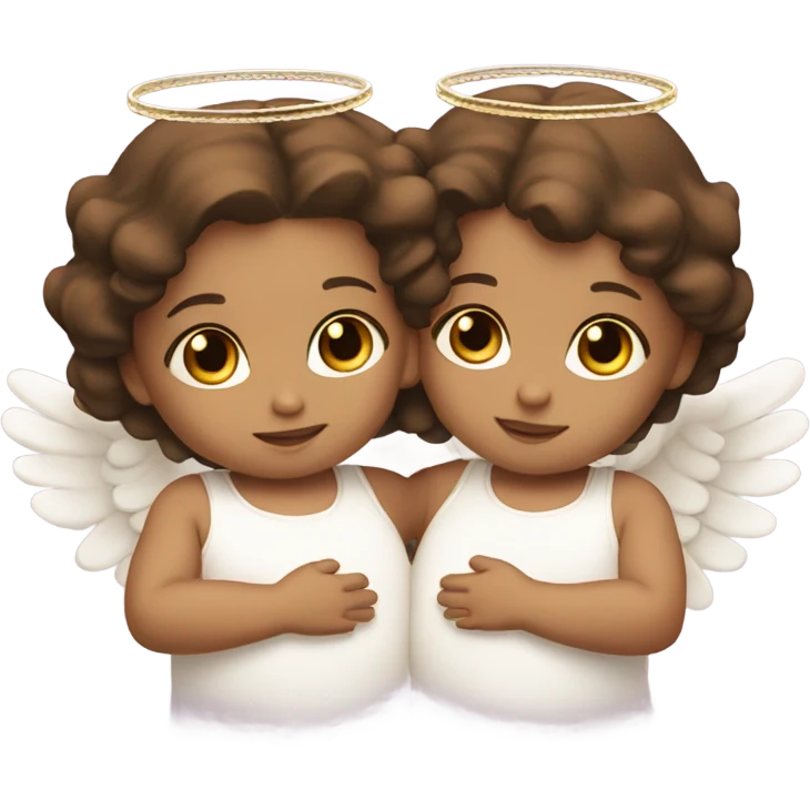 2 twin baby girls with brown hair with a halo and angel wings emoji