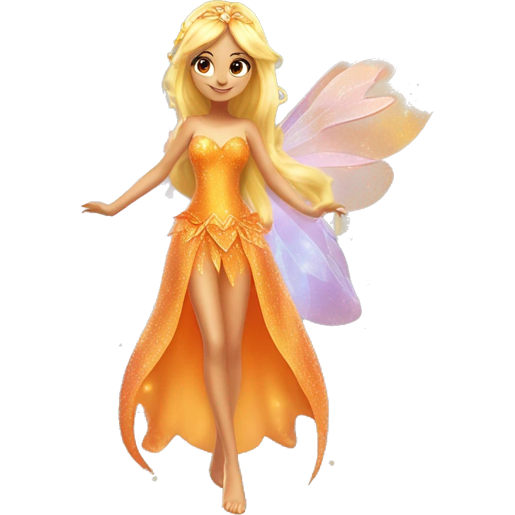 Stella adult latina fairy of nature in her enchantix fairy orange clothing and fairy enchantix wings and long blonde hair from winx club. Small eyes, Lots of sparkles and fairydust. Full body and full fairy bliss emoji