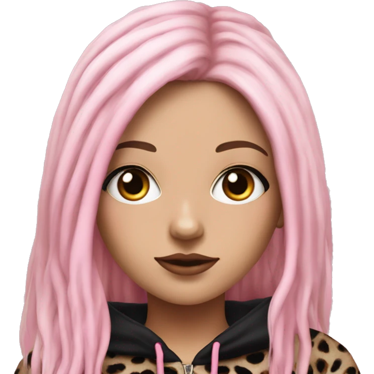 Hyperrealistic white girl with long black hair with a pink fringe and has eye makeup on, she is wearing a black and leopard print hoodie  emoji