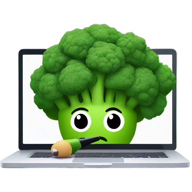 Generate a creative broccoli emoji sitting in front of a computer with a stylus, designing something on a screen. emoji