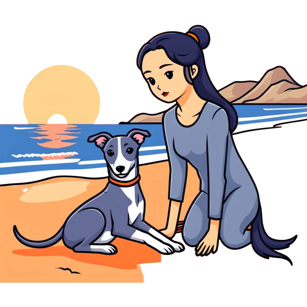 A very beautiful and attractive 25-year-old Chinese woman with long flowing black hair and a SOLID DARK GREY whippet sitting together on a beach during a beautiful sunset. The whippet MUST be COMPLETELY SOLID DARK GREY with ABSOLUTELY NO WHITE MARKINGS ANYWHERE - no white chest, no white face, no white paws, no white tip on tail - ENTIRELY ONE SOLID DARK GREY COLOR throughout the entire dog. Orange and red sunset sky over the ocean, sandy beach in the foreground. emoji