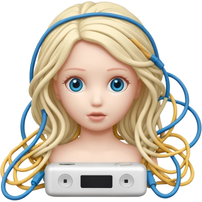 Plastic doll tightly bound with tangled AUX cables. emoji