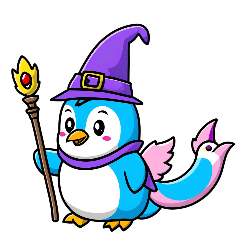 penguin wizard with a staff and hat, surrounded by a small dragon, fairy, and unicorn, colorful fantasy landscape with a castle emoji