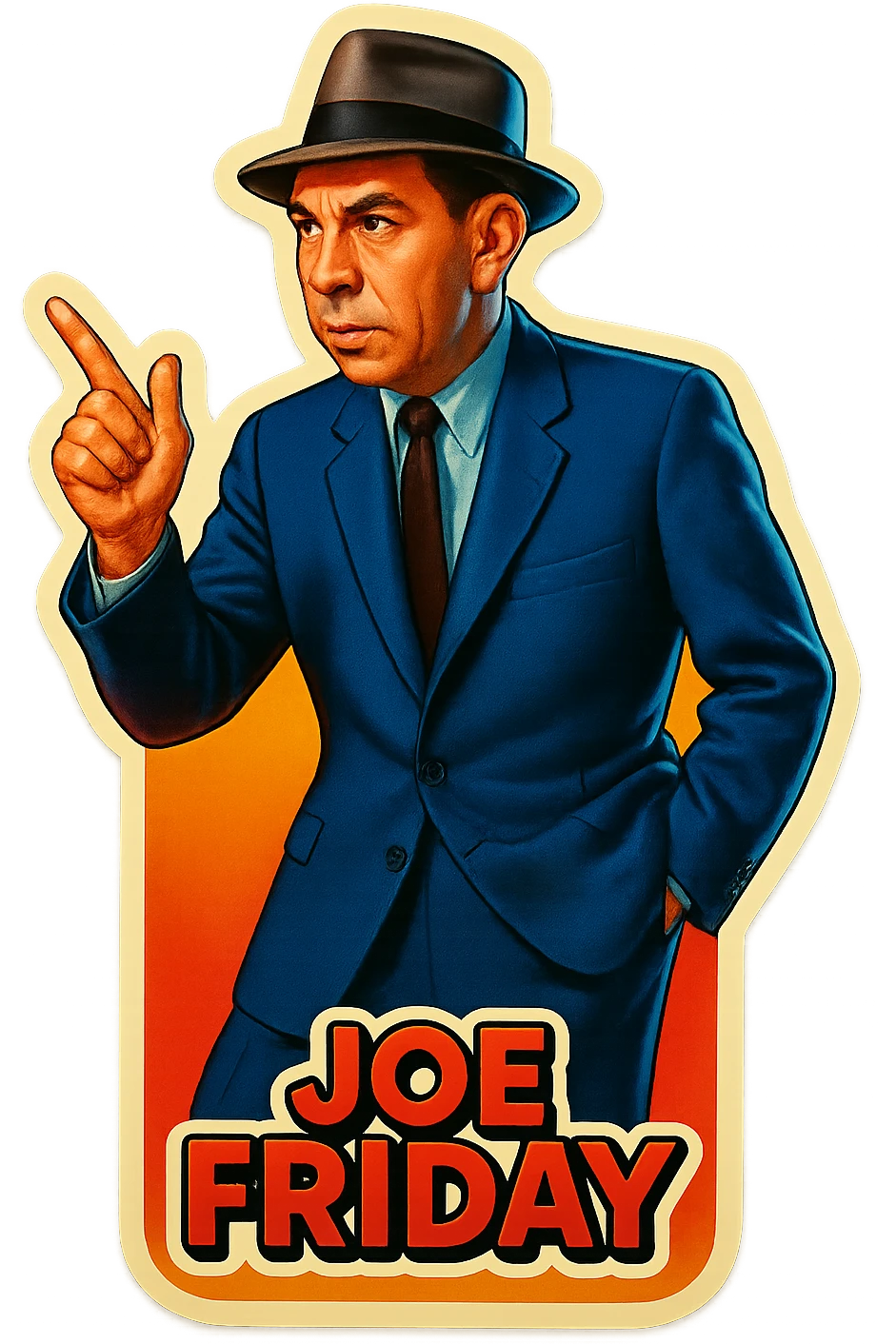 poster of Joe Friday inspired by the reference photo, retro stickers style, different pose emoji