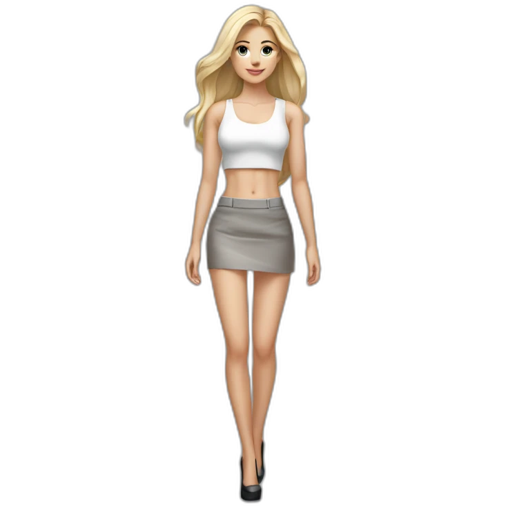 hyperrealist caucasian long blonde hair brown eyes woman white low cut tank top gray tight mini skirt black high heels full body emoji