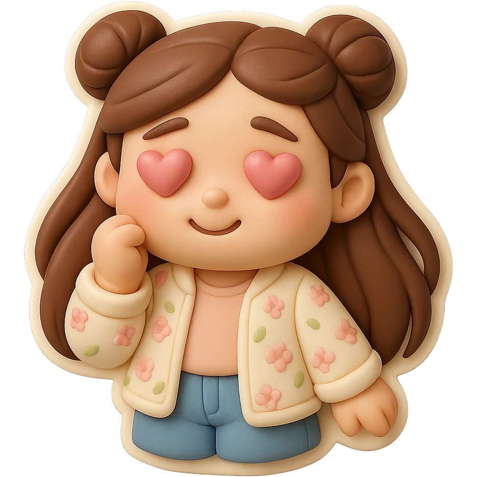 Create a 3D chibi fondant cake art style image with high-quality rendering, smooth shadows, and soft gradients. The girl should be based on the reference image, preserving facial features, with long brown hair in two space buns, brown eyes, jeans, and a pastel floral cardigan. Add a thick white outline like a sticker and make the background transparent. She is in love, with soft pink hearts in her eyes. emoji