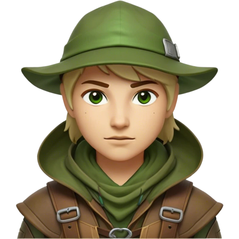 Clash of Clans aesthetic friendly Ranger Portrait Emoji, With a lean, agile build clad in earth-toned leather and green accents, a keen, focused gaze and a weathered hood shadowing determined eyes, his face rendered in a natural skin tone (not yellow), Simplified yet sharply defined features, highly detailed, glowing with a soft, natural woodland radiance, high shine, intelligent and resolute, stylized with an air of forest guardian authority, focused and alert, soft glowing outline, capturing the essence of a confident ranger ready to defend the wild with stealth and valor! emoji
