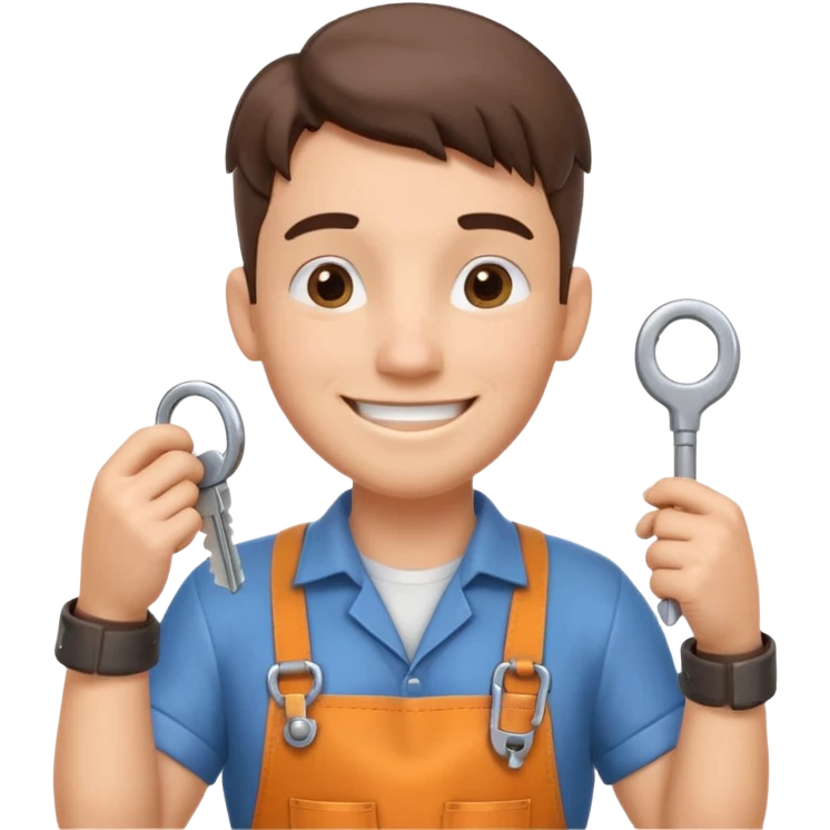 locksmith portrait, head and shoulders only, wearing work apron collar, holding a key near face, friendly confident smile, tool belt strap visible, 3D cartoon, mobile game icon style, clean background, no text, no watermark

 emoji