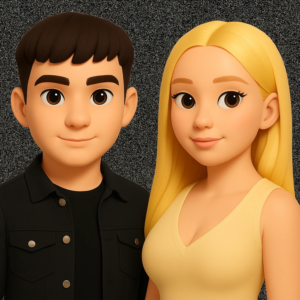 Slightly increase the volume of the upper body of the girl, separate the girl and the boy from each other, and make the skin color the same for both characters. Maintain the cartoonish 3D style in the editing. emoji