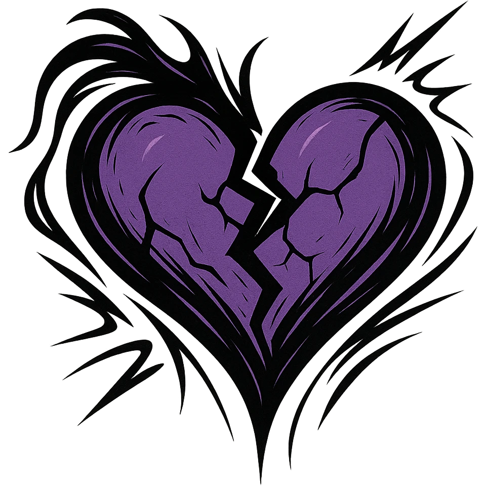 emo broken heart, black and purple colors, expressive and stylish, no background emoji