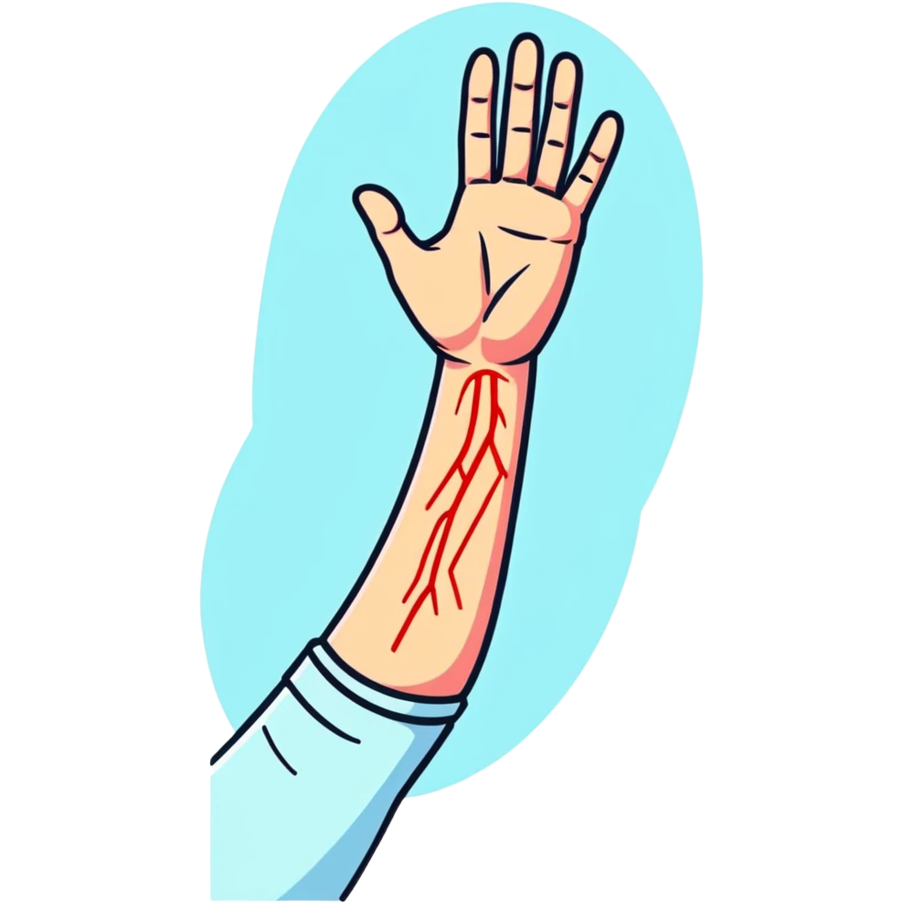 Forearm with allergy skin prick test showing red reaction bumps, 5 fingers visible at the wrist, medical procedure emoji