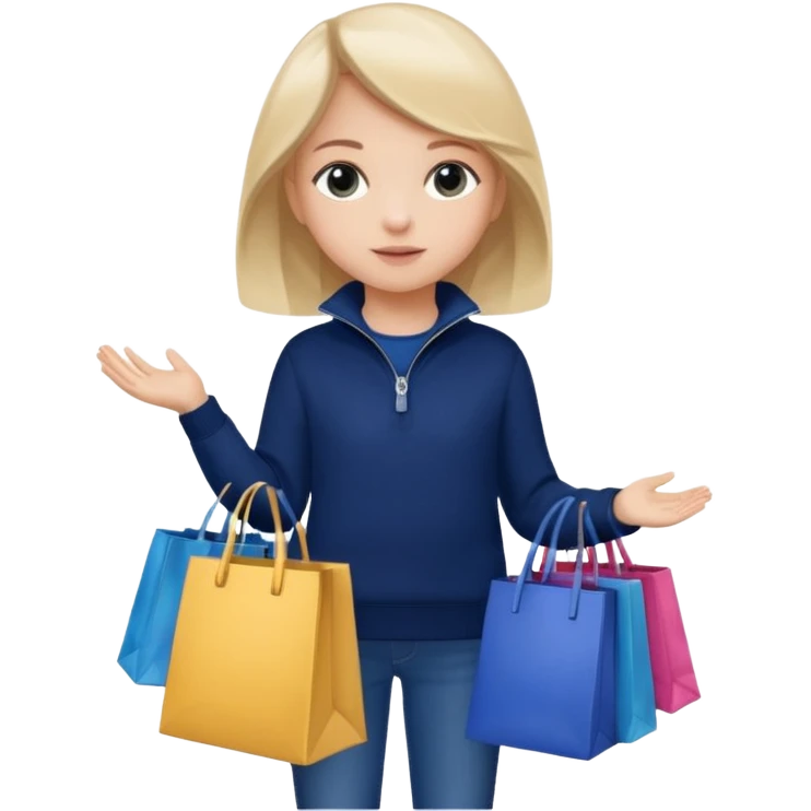 A little girl (he usually calls her baby), who is obsessed with shopping and luxury brands and holds a dozen of bags, she wears navy blue half zip sweater and holds 10 bags emoji