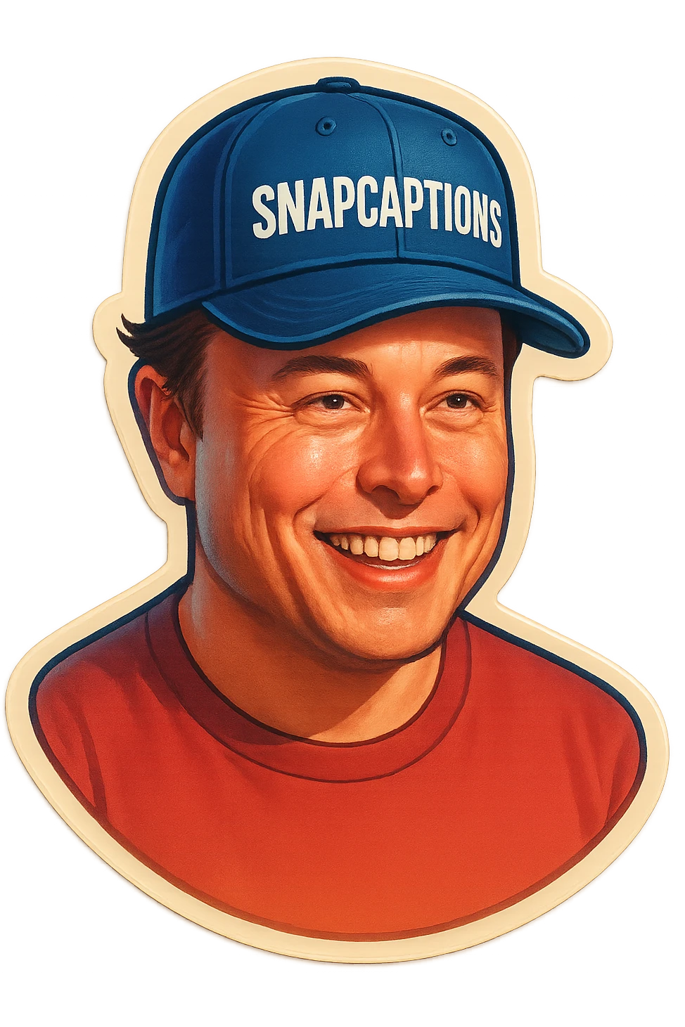 sticker of Elon Musk wearing a cap with the name 'Snapcaptions' on it, vibrant, fun, suitable for branding emoji