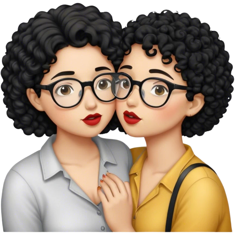 a lesbian couple kissing, one wearing glasses and short black curly hair, the other with long hair  emoji