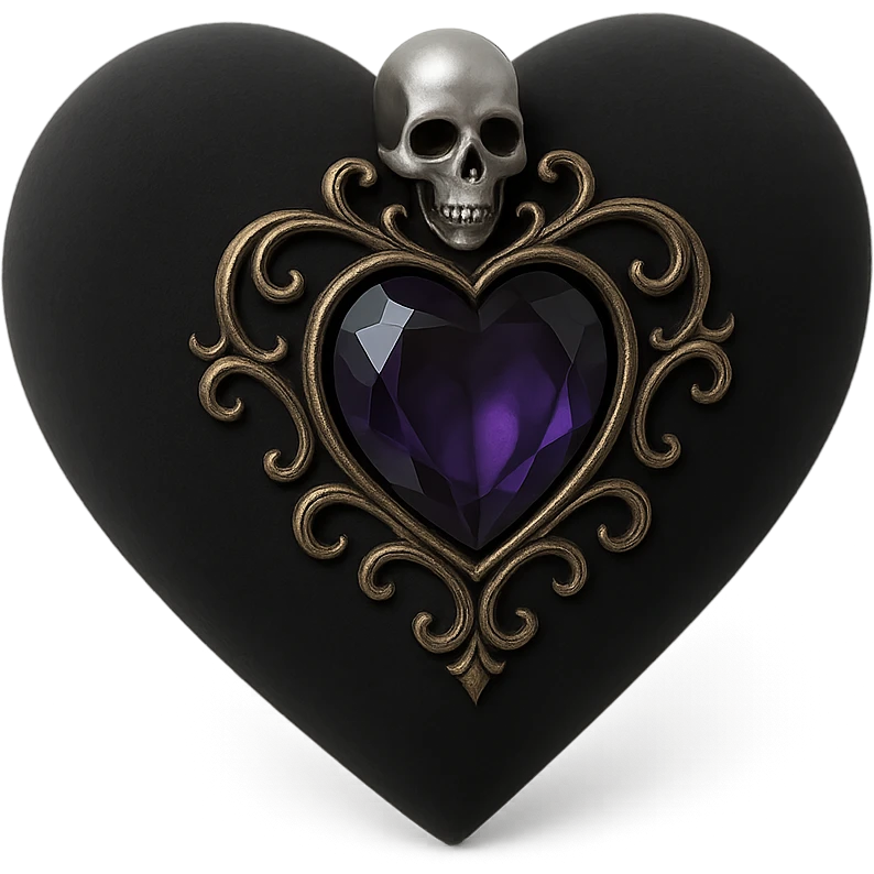 3D black style gothic heart, black velvet texture, silver skull charm, deep purple gemstone, ornate and dark gothic design emoji