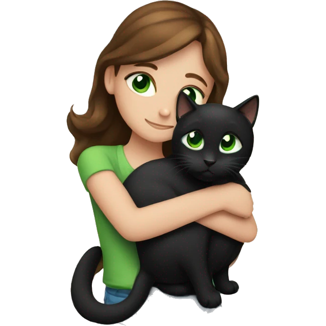 Blue-eyed brown-haired girl hugging black cat with green eyes emoji