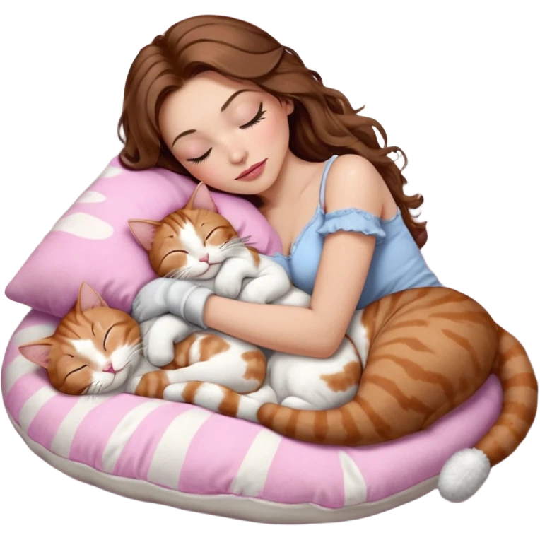 girl with long wavy brown hair, brown eyes, long lashes makeup, sexy pink lips, light to medium complexion,  sleeping on a cozy pillow, with 6 cats: 1 brown and white tabby cat, 1 ginger and white, 2 grey and white, 1 grey with white mittens and small white patch on chest and 1 calico, sleeping emoji