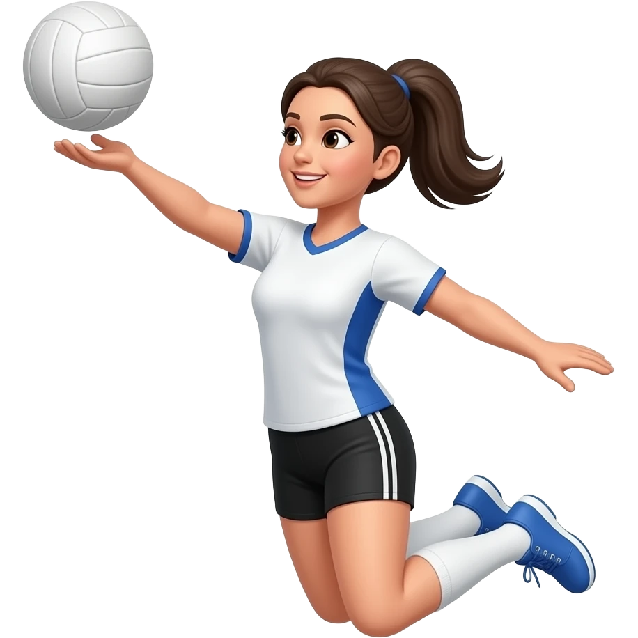A women,wearing blue and white shoes, white white socks. Black really short shorts, a mostly white jersey with blue stripes on the sides, then she is in the air in the middle of jumping, and her hand is already in contact with the volleyball, and the volleyball is all white emoji