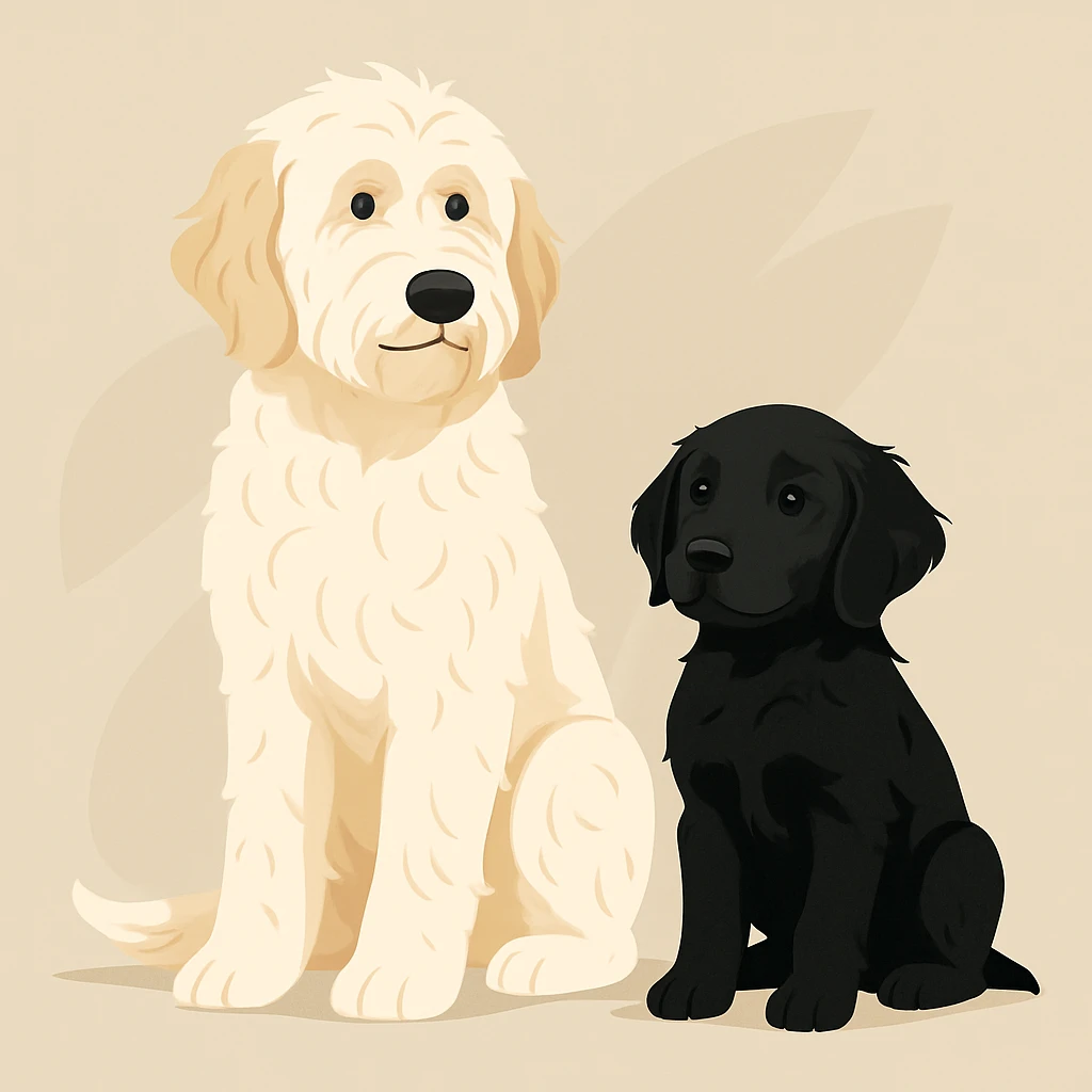 large light cream colored goldendoodle and a small black golden retriever, modern illustration style, clean, sleek, contemporary emoji