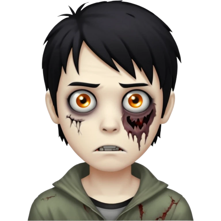 creepy boy zombie, medium-length black hair, emo and unkempt, haunting expression emoji
