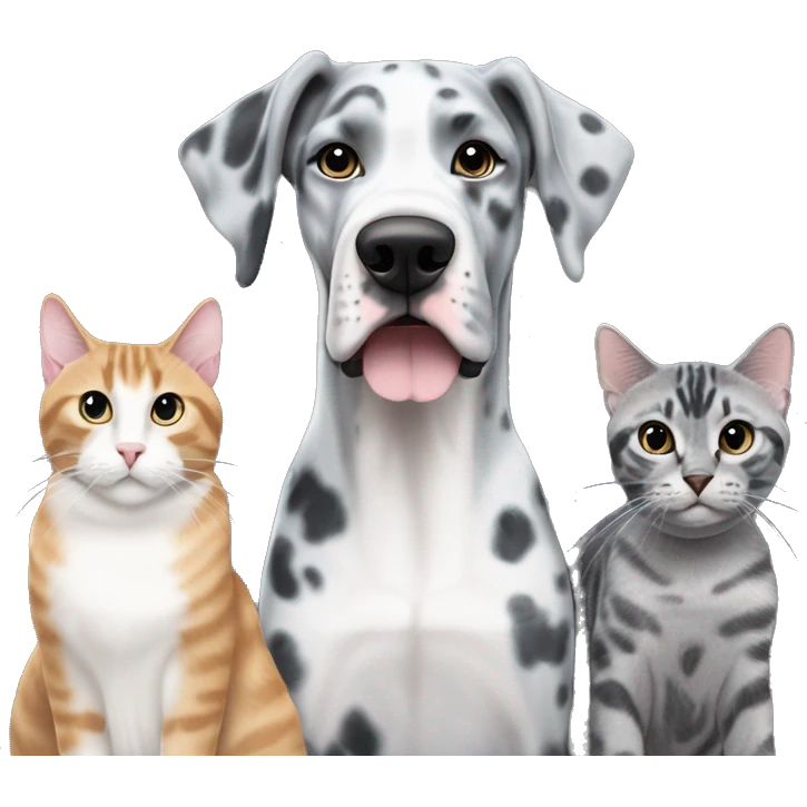 Blue Merle Great Dane next to two tabby cats and one black cat emoji