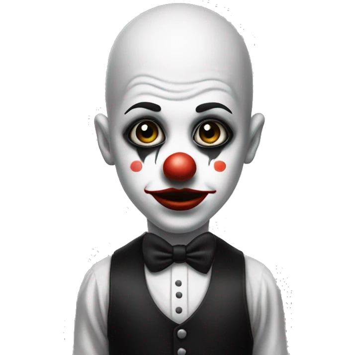 A clown with a black little had whos bald that is wearing a half white and have black outfit with black big lips emoji