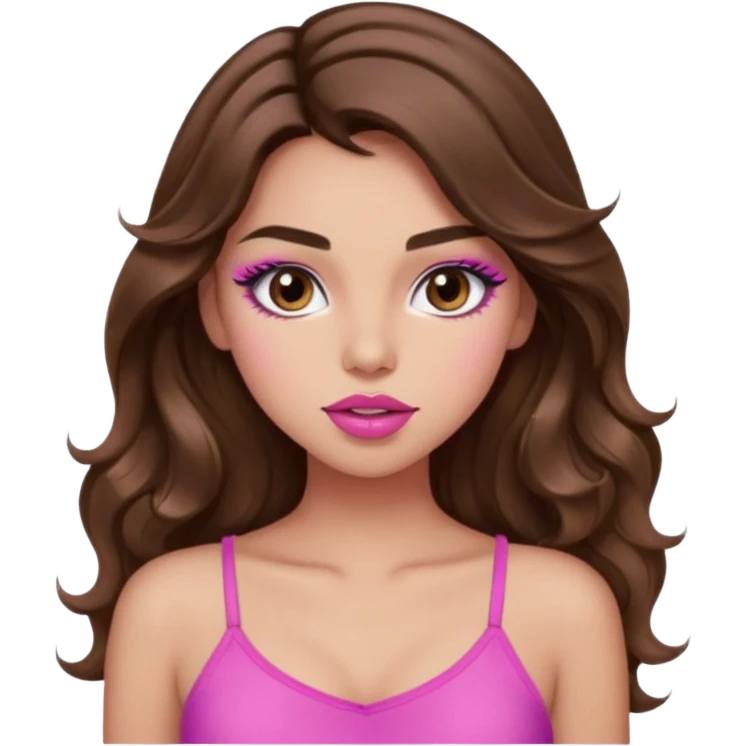 girl with long wavy brown hair, brown eyes, light to medium complexion, in a pink sexy top, pink lips, long lashes, puckered lips, what ever emoji