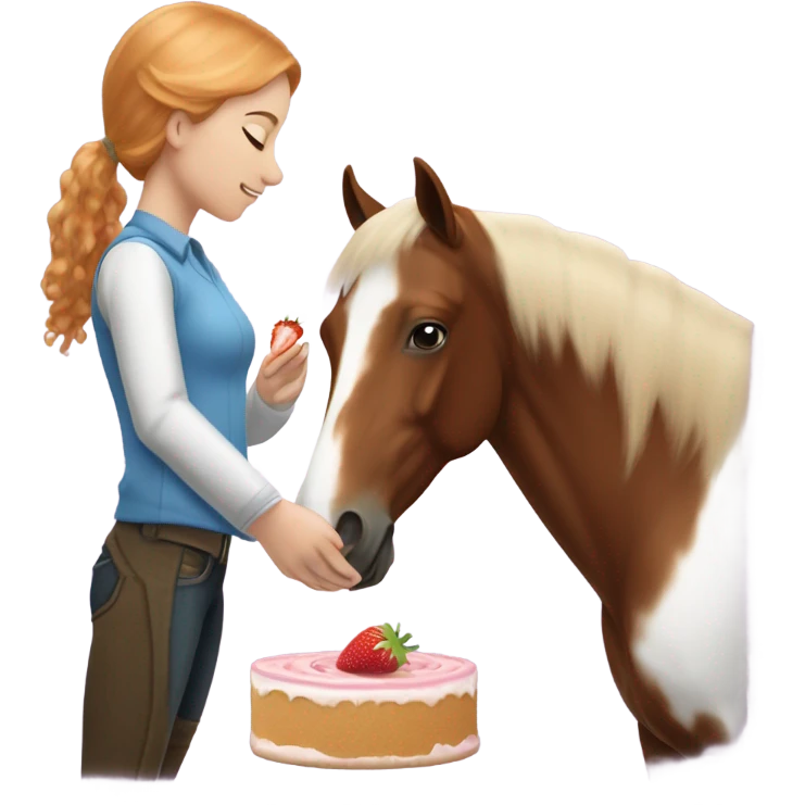White teen girl with strawberry blonde hair giving a treat to a brown and white paint horse emoji