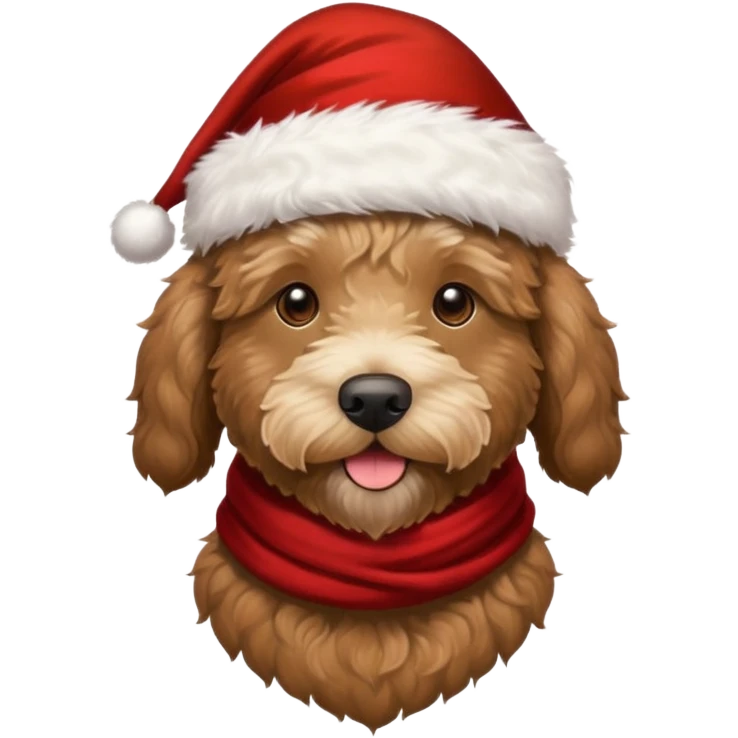 dark brown goldendoodle with a Santa hat and festive scarf emoji