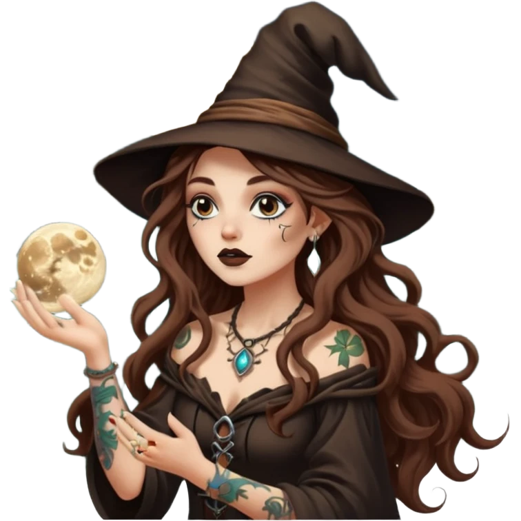 forest witch woman long wavy brown hair tattoos blowing moon dust emoji